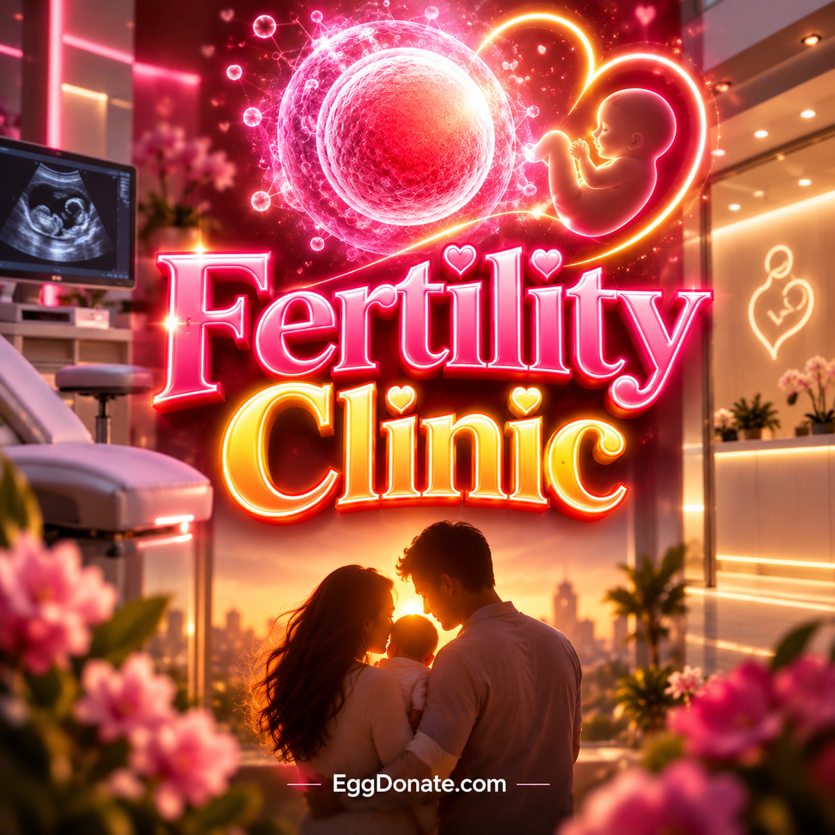 Choosing a fertility clinic neon typography with EggDonate.com watermark