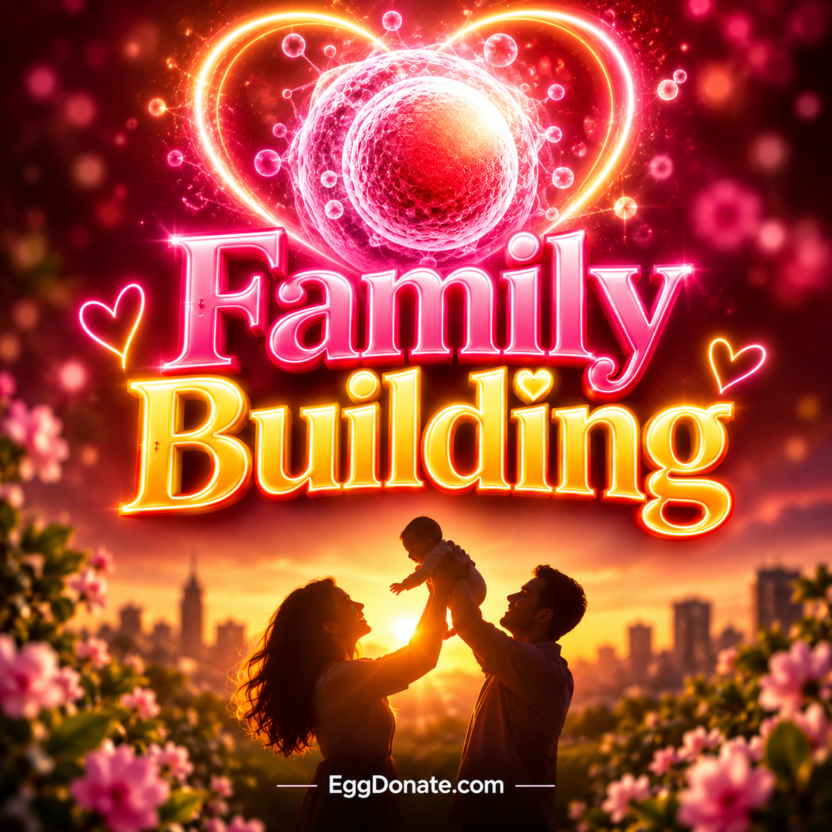 Donor assisted family building neon typography with EggDonate.com watermark