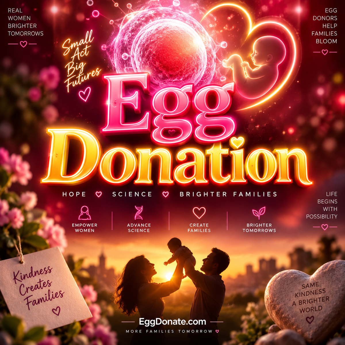 Egg Donation neon typography with egg-cell artwork and EggDonate.com watermark
