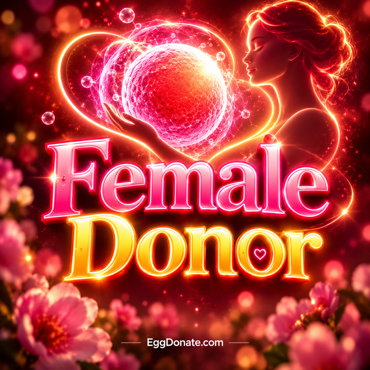 Female egg donation eligibility neon typography with EggDonate.com watermark
